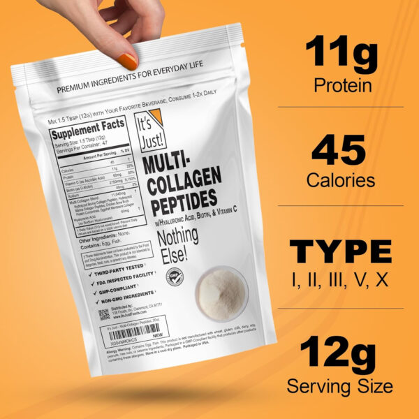 68958b0eee1f472f7a67fbf694f08ce52559aa4a2b203699a48e5.jpg It's Just! - Marine Collagen Peptides Types I & III, Whitefish Source, Tested for Heavy Metals, Gluten Free, Non-GMO, No Added Flavor, Unflavored, 20oz