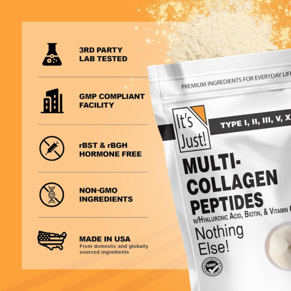 68958b1075b1969dbc16440c90761d7fe5312e1f29b2d206f595c.jpg It's Just! - Marine Collagen Peptides Types I & III, Whitefish Source, Tested for Heavy Metals, Gluten Free, Non-GMO, No Added Flavor, Unflavored, 20oz