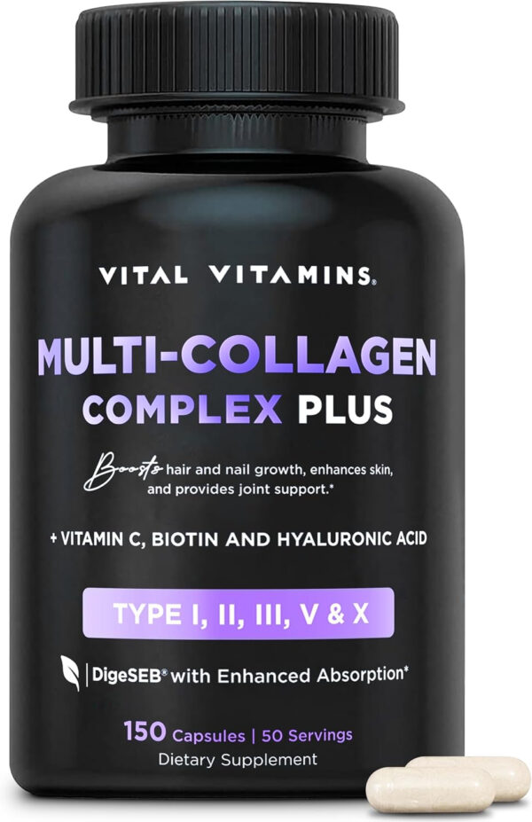 Vital Vitamins Multi Collagen for Women & Men - Type I, II, III, V, X - Grass Fed, Non-GMO - 150 Capsules