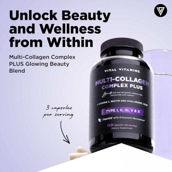 Vital Vitamins Multi Collagen for Women & Men - Type I, II, III, V, X - Grass Fed, Non-GMO - 150 Capsules