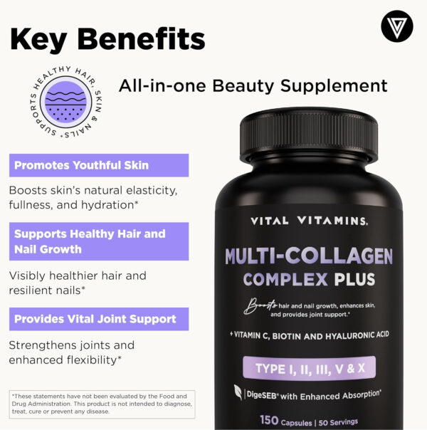 Vital Vitamins Multi Collagen for Women & Men - Type I, II, III, V, X - Grass Fed, Non-GMO - 150 Capsules