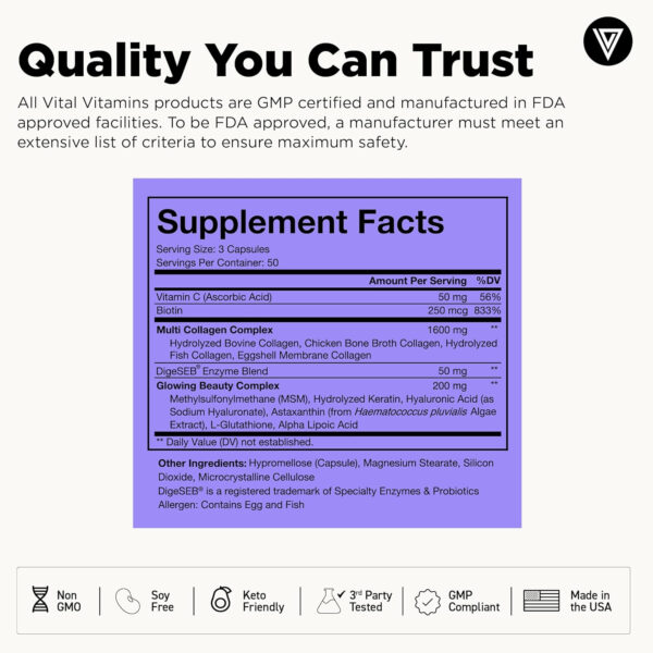 Vital Vitamins Multi Collagen for Women & Men - Type I, II, III, V, X - Grass Fed, Non-GMO - 150 Capsules