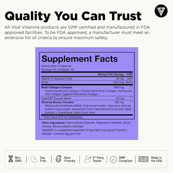 Vital Vitamins Multi Collagen for Women & Men - Type I, II, III, V, X - Grass Fed, Non-GMO - 150 Capsules