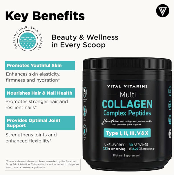 Vital Vitamins Multi Collagen for Women & Men - Type I, II, III, V, X - Grass Fed, Non-GMO - 150 Capsules