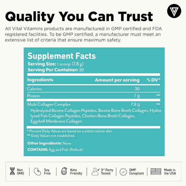 Vital Vitamins Multi Collagen for Women & Men - Type I, II, III, V, X - Grass Fed, Non-GMO - 150 Capsules
