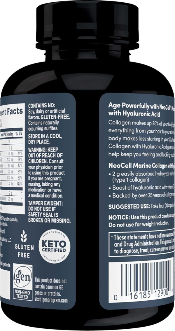 NeoCell Marine Collagen With Collagen Type 1 and 3 and Hyaluronic Acid, With Hydrolyzed Collagen, Skin Health Supplement, Capsule, 120 Count, 1 Bottle