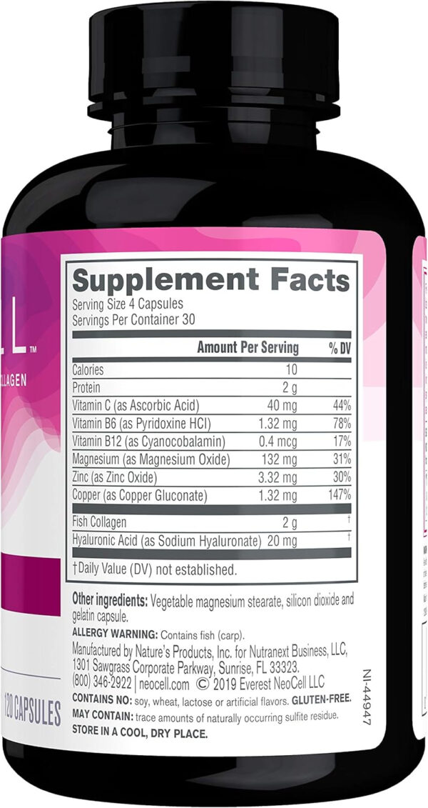NeoCell Marine Collagen With Collagen Type 1 and 3 and Hyaluronic Acid, With Hydrolyzed Collagen, Skin Health Supplement, Capsule, 120 Count, 1 Bottle