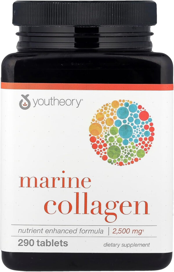 68958c202ef4c17d21de0825fd74adc17b097dba69a347d0b6a5c.jpg Youtheory Marine Collagen - 2,500 mg Hydrolyzed Collagen - Supports Skin* - Fish-Sourced Collagen - with Vitamin C, A, C, E, B6, B12 & More - Highly Digestible and Absorbable - 290 Tablets