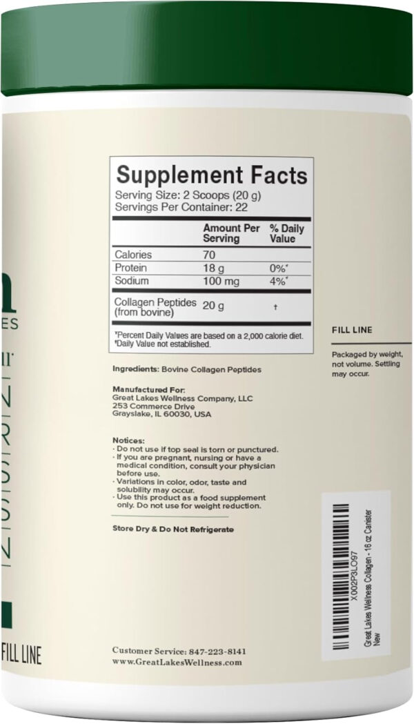 68958c68f343bbfdfea1b70ccfaab5342ac07abfe9de3ac32588a.jpg Great Lakes Wellness Collagen Peptides Powder for Skin, Hair, Nails, Joints & Digestion - Unflavored - Quick Dissolve Hydrolyzed, Non-GMO, Keto, Kosher - 16oz
