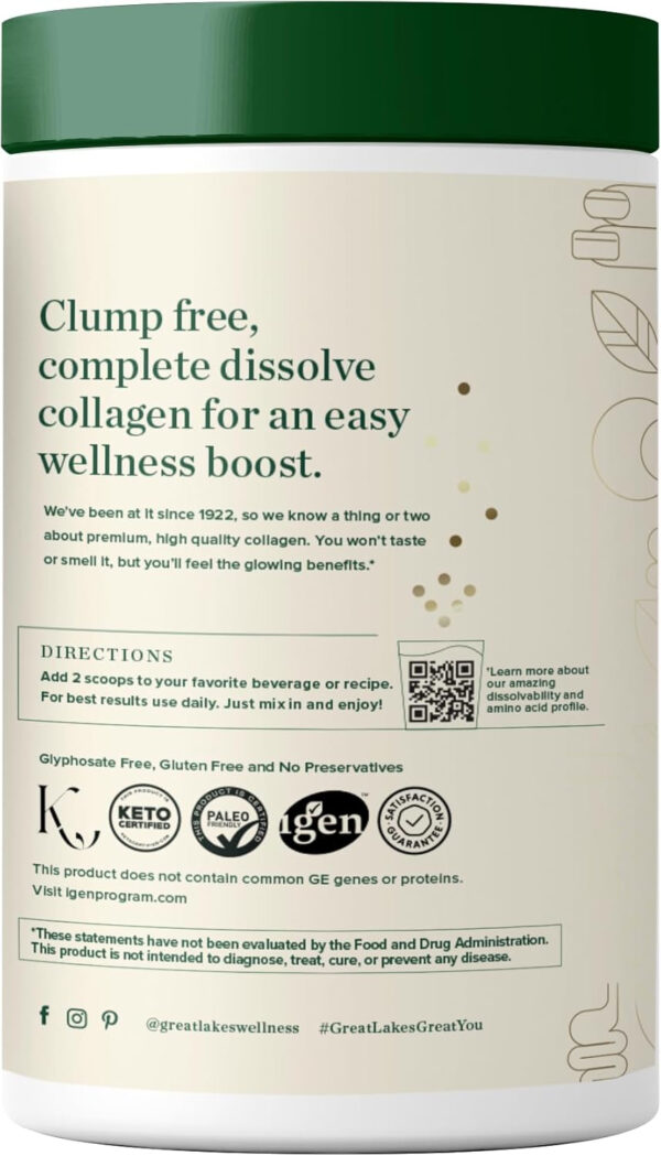 68958c6fbb65fbd230b86558d5e4f934f167e5be8636813836d7b.jpg Great Lakes Wellness Collagen Peptides Powder for Skin, Hair, Nails, Joints & Digestion - Unflavored - Quick Dissolve Hydrolyzed, Non-GMO, Keto, Kosher - 16oz