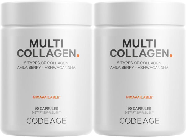 Codeage Multi Collagen Peptides Protein Capsules, 5 Collagen Types, Grass-Fed & Hydrolyzed Bovine Collagen Pills Supplement, Ashwagandha, Amla Berry Vitamins, Collagen Peptides - 90 Capsules
