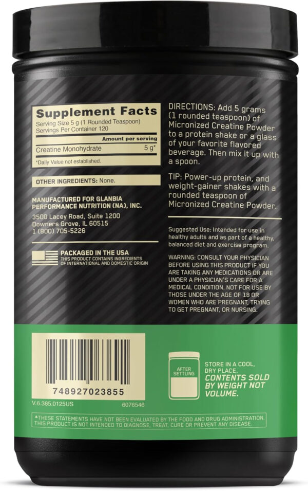 Optimum Nutrition Micronized Creatine Monohydrate Powder, Unflavored, 120 Servings, 600 Grams (Packaging May Vary)