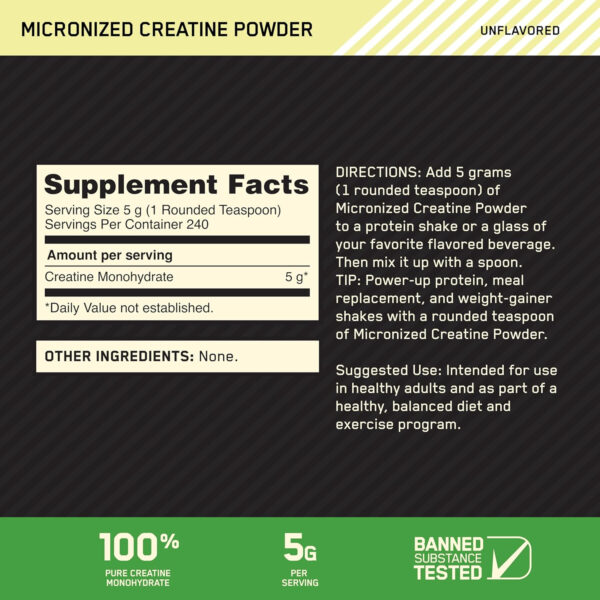 Optimum Nutrition Micronized Creatine Monohydrate Powder, Unflavored, 120 Servings, 600 Grams (Packaging May Vary)