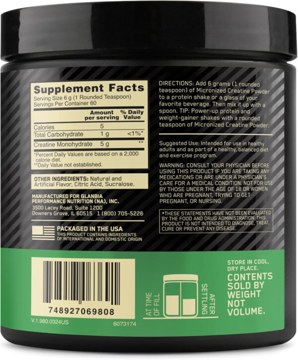 Optimum Nutrition Micronized Creatine Monohydrate Powder, Unflavored, 120 Servings, 600 Grams (Packaging May Vary)