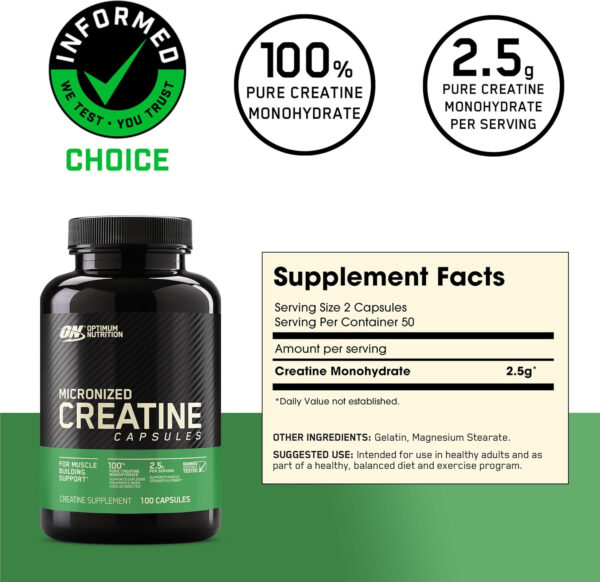 Optimum Nutrition Micronized Creatine Monohydrate Capsules, Keto Friendly, 2500mg, 200 Capsules (Packaging May Vary)