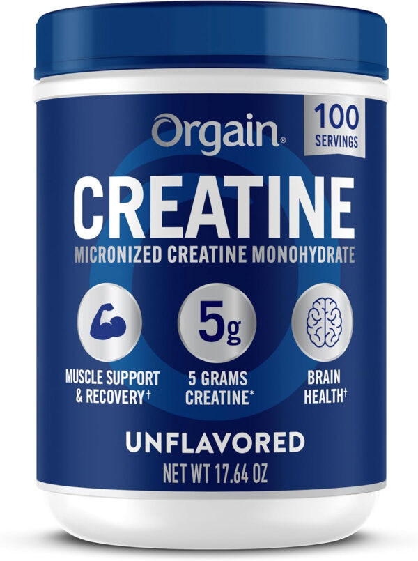 Orgain Creatine Monohydrate Micronized Powder, Unflavored, Supports Muscle Growth, Post Workout Recovery and Brain Health, No Artificial Additives, for Men & Women, 100 Servings