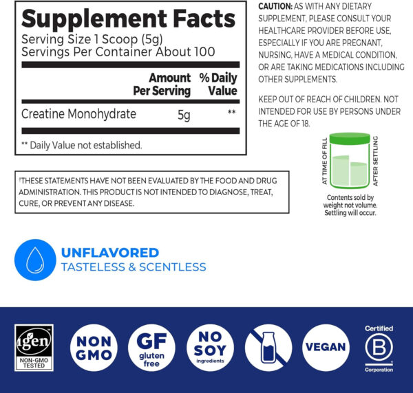 Orgain Creatine Monohydrate Micronized Powder, Unflavored, Supports Muscle Growth, Post Workout Recovery and Brain Health, No Artificial Additives, for Men & Women, 100 Servings