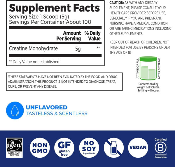 Orgain Creatine Monohydrate Micronized Powder, Unflavored, Supports Muscle Growth, Post Workout Recovery and Brain Health, No Artificial Additives, for Men & Women, 100 Servings