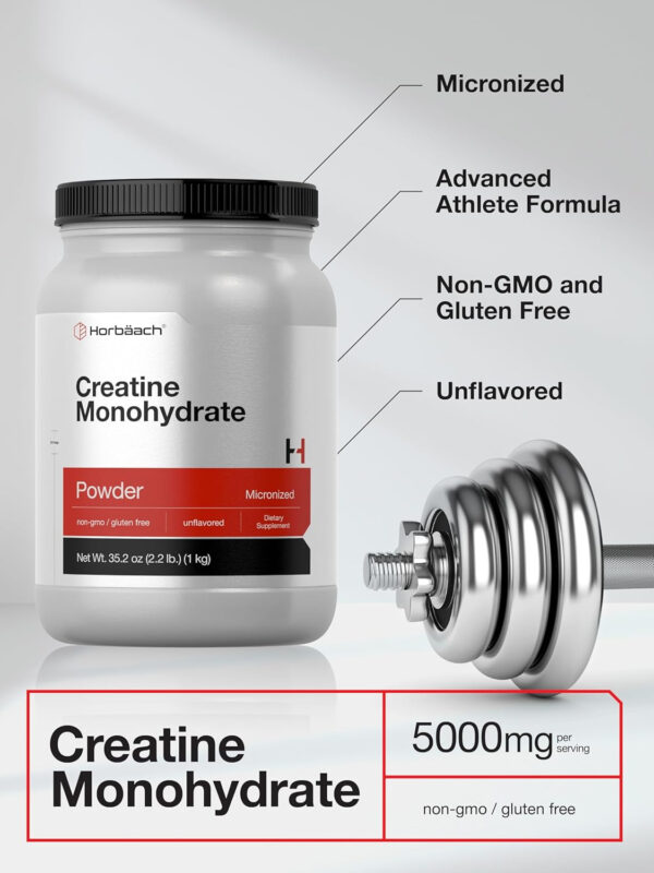Horbaach Creatine Monohydrate Powder | 2.2 lbs (1kg) | for Women and Men | 200 Servings | Micronized & Unflavored | Vegetarian, Non-GMO & Gluten Free Supplement