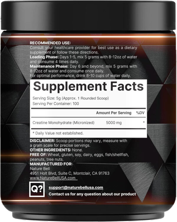 NatureBell Creatine Monohydrate Powder 500g, 5,000mg Per Serving | Micronized, Pure & Unflavored | Pre-Workout Muscle Support | Keto, Vegan, Filler-Free | 100 Servings (1.1 lb)