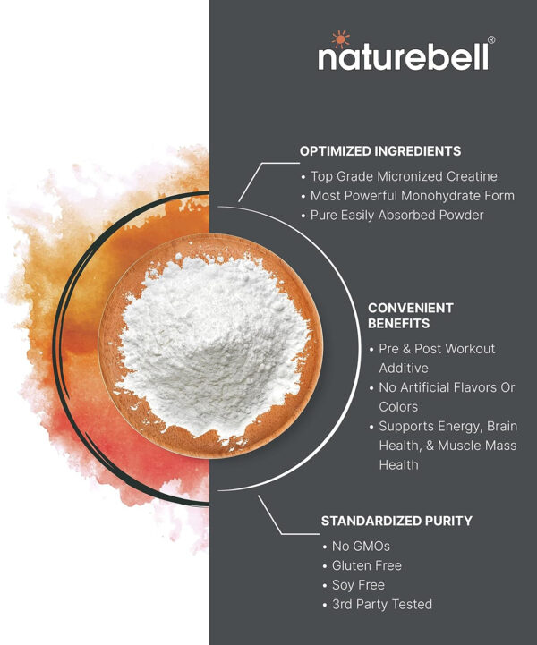 NatureBell Creatine Monohydrate Powder 500g, 5,000mg Per Serving | Micronized, Pure & Unflavored | Pre-Workout Muscle Support | Keto, Vegan, Filler-Free | 100 Servings (1.1 lb)