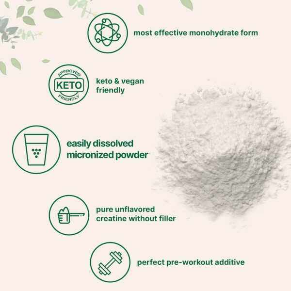 Instant Creatine Monohydrate Powder 1 kg (2.2 Lbs), 5000mg Per Serv, Micronized Creatine Powder, Unflavored, Pure, No Filler, Keto & Vegan Friendly, Easy Dissolve Pre Workout for Women and Men