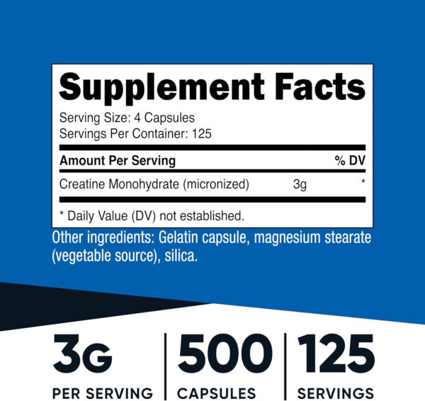 Nutricost Micronized Creatine Monohydrate 3,000mg 500 Capsules, 125 Servings, 750mg of Creatine Monohydrate Per Capsule