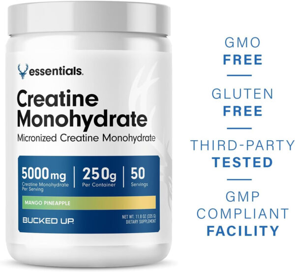 6895a6f82774d732e37167a0ae01b51040b8c1c30b995fca36ebf.jpg Bucked Up Pure Micronized Creatine Monohydrate for Women and Men - Easy to Mix and Unflavored - 5G Per Serving - 50 Servings - 250 Grams Per Container