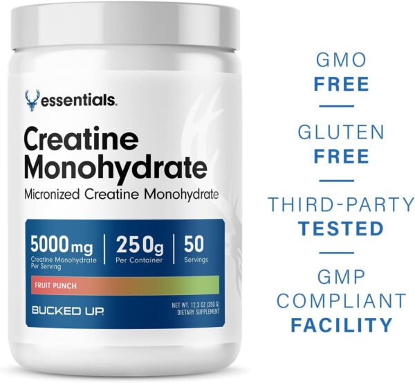 6895a7035994626db7d872aeefb896dbdcf1a1daf67068d1dbefd.jpg Bucked Up Pure Micronized Creatine Monohydrate for Women and Men - Easy to Mix and Unflavored - 5G Per Serving - 50 Servings - 250 Grams Per Container