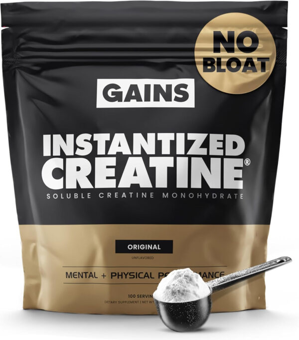 Gains in Bulk Instantized Creatine Monohydrate for Women and Men, Soluble Pre Workout Powder, Supports Muscle Building, Strength and Performance, Bodybuilding Supplements, Unflavored, 100 Servings