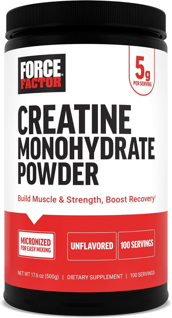 6895a8f39e3b8a666b0f587ab2f408d526dbf83fba04431c90f88.jpg FORCE FACTOR Creatine Monohydrate Powder, 5g Micronized Dose to Support Muscle Growth, Strength, Recovery, Cognitive Health & Memory, Unflavored, 100 Servings