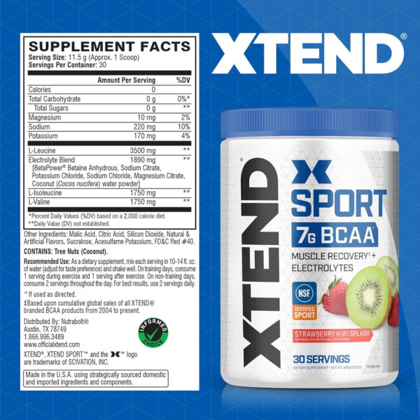 XTEND Sport BCAA Powder Blue Raspberry Ice - Electrolyte Powder for Recovery & Hydration with Amino Acids - 30 Servings