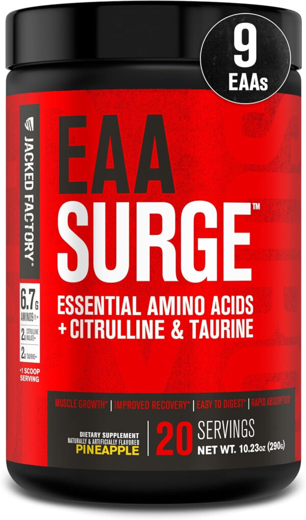 6895b03a0c11e186a32e7ae6aebccc9692098808eb4de56384680.jpg Jacked Factory EAA Surge Essential Amino Acids Powder - EAAS & BCAA Intra Workout Supplement w/L-Citrulline, Taurine, & More for Muscle Building, Strength, Endurance, Recovery - Pineapple, 20sv
