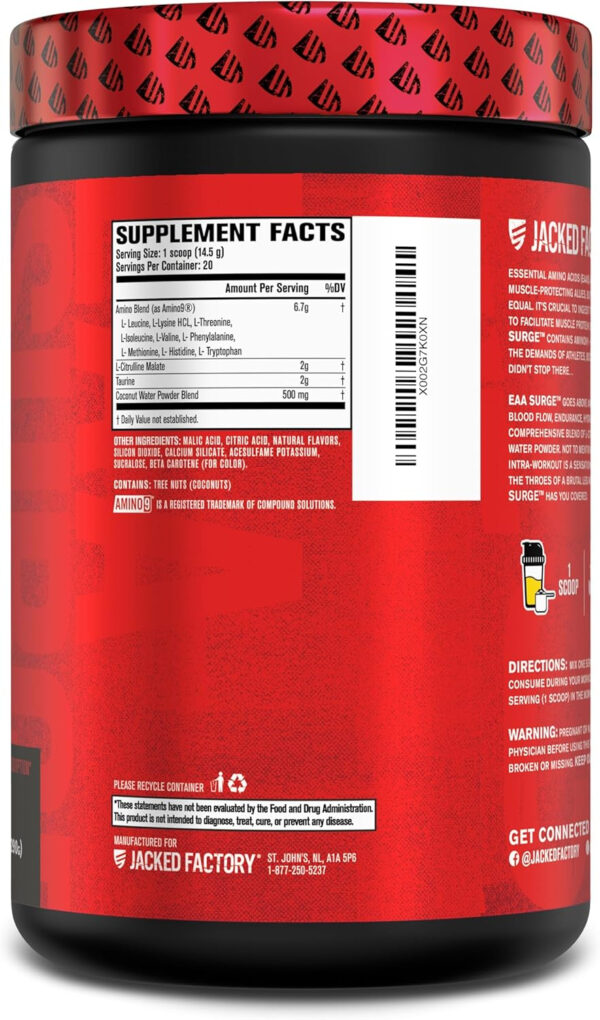 6895b040c213de07068b6458e8b4b647e51ad76dd776377d15f65.jpg Jacked Factory EAA Surge Essential Amino Acids Powder - EAAS & BCAA Intra Workout Supplement w/L-Citrulline, Taurine, & More for Muscle Building, Strength, Endurance, Recovery - Pineapple, 20sv