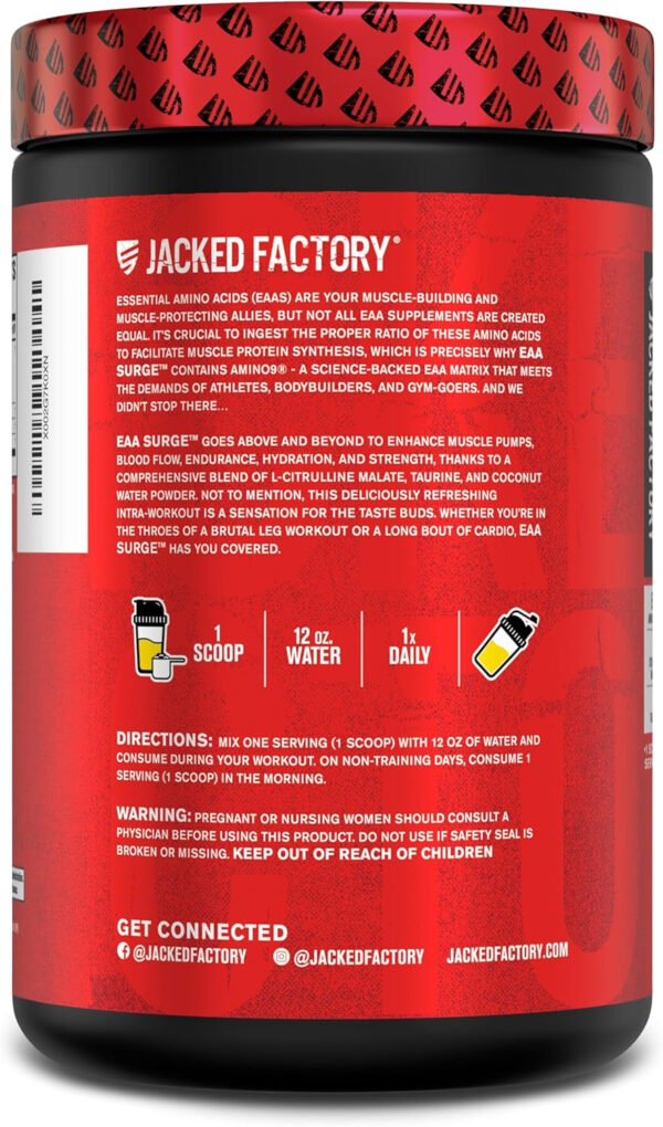 6895b042574458dd1c6c9466ee9b5587620b435226f2e00342a42.jpg Jacked Factory EAA Surge Essential Amino Acids Powder - EAAS & BCAA Intra Workout Supplement w/L-Citrulline, Taurine, & More for Muscle Building, Strength, Endurance, Recovery - Pineapple, 20sv