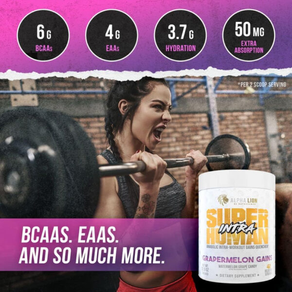 ALPHA LION Superhuman Intra Workout Powder for Men & Women, Amino Acids Drink, Muscle Recovery Supplement, BCAA Powder, Electrolytes & Hydration Mix (42 Servings, Watermelon Grape Candy Flavor)