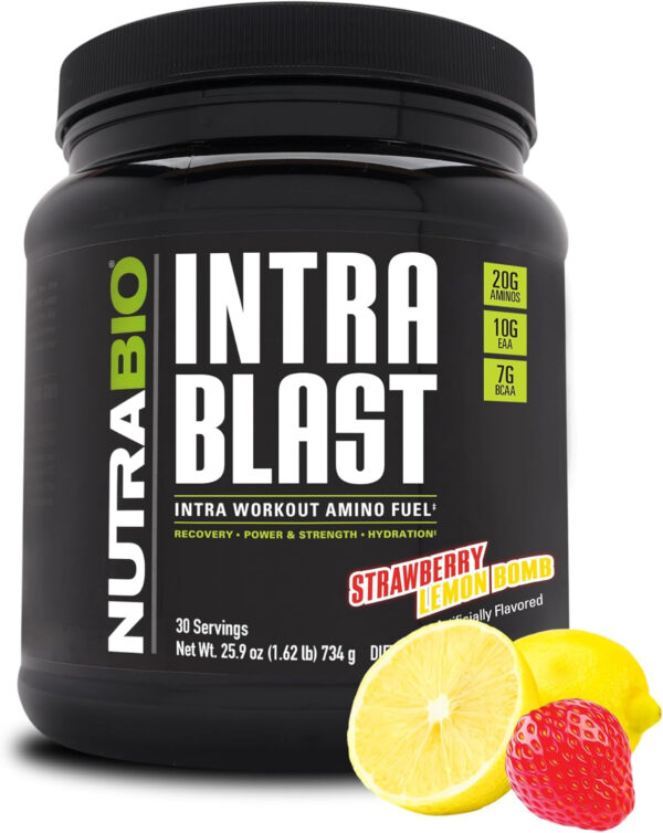 6895b18d4b726a622ef08c3c6b8f594c61ec3eddf5e76c2f9aff4.jpg NutraBio Intra Blast Bcaa Powder Amino Acid Supplement, Electrolyte & Hydration Blend, Intra, Pre Workout & Muscle Recovery, 20g Eaa Amino Acids Powder, 5g Glutamine- Strawberry Lemon Bomb, 30 Serving