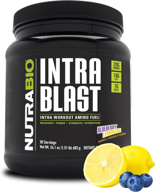 6895b1a0671d890011a1986d54c9e46fc4110e7479e7660f0482f.jpg NutraBio Intra Blast Bcaa Powder Amino Acid Supplement, Electrolyte & Hydration Blend, Intra, Pre Workout & Muscle Recovery, 20g Eaa Amino Acids Powder, 5g Glutamine- Strawberry Lemon Bomb, 30 Serving