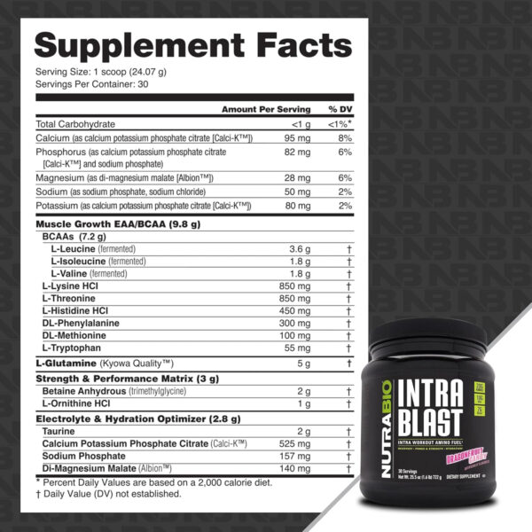 6895b1a966f930336efb1f96644cd425fa51b48ce390e19926bf7.jpg NutraBio Intra Blast Bcaa Powder Amino Acid Supplement, Electrolyte & Hydration Blend, Intra, Pre Workout & Muscle Recovery, 20g Eaa Amino Acids Powder, 5g Glutamine- Strawberry Lemon Bomb, 30 Serving