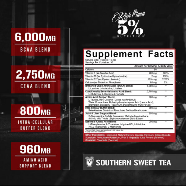 5% Nutrition Rich Piana AllDayYouMay BCAA Powder | Premium Intra & Post Workout Amino Acids, Hydration, Endurance, Muscle Recovery, Joint & Liver Support | 16.3 oz, 30 Servings (Southern Sweet Tea)