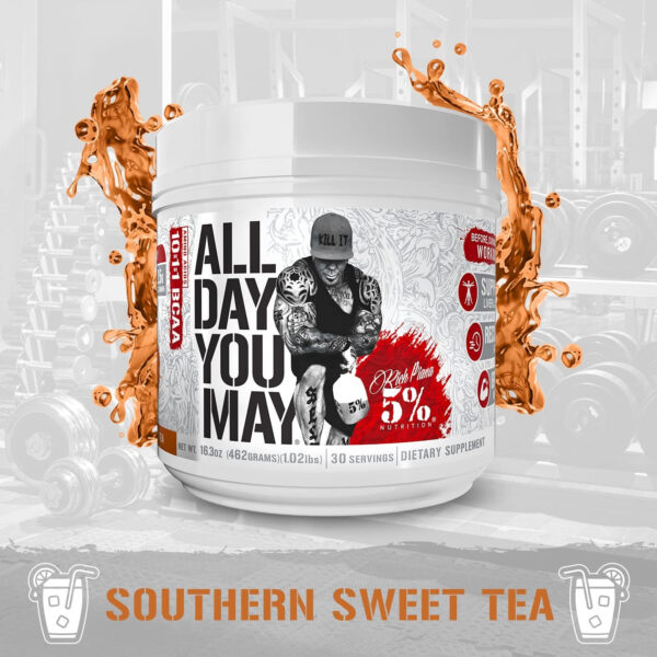 5% Nutrition Rich Piana AllDayYouMay BCAA Powder | Premium Intra & Post Workout Amino Acids, Hydration, Endurance, Muscle Recovery, Joint & Liver Support | 16.3 oz, 30 Servings (Southern Sweet Tea)