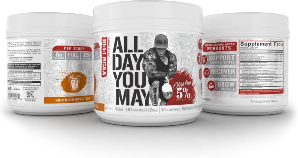 5% Nutrition Rich Piana AllDayYouMay BCAA Powder | Premium Intra & Post Workout Amino Acids, Hydration, Endurance, Muscle Recovery, Joint & Liver Support | 16.3 oz, 30 Servings (Southern Sweet Tea)