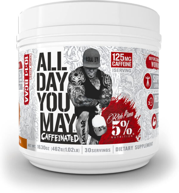 5% Nutrition Rich Piana AllDayYouMay BCAA Powder | Premium Intra & Post Workout Amino Acids, Hydration, Endurance, Muscle Recovery, Joint & Liver Support | 16.3 oz, 30 Servings (Southern Sweet Tea)