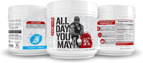 5% Nutrition Rich Piana AllDayYouMay BCAA Powder | Premium Intra & Post Workout Amino Acids, Hydration, Endurance, Muscle Recovery, Joint & Liver Support | 16.3 oz, 30 Servings (Southern Sweet Tea)