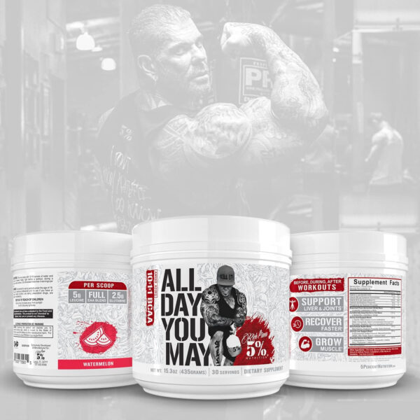 5% Nutrition Rich Piana AllDayYouMay BCAA Powder | Premium Intra & Post Workout Amino Acids, Hydration, Endurance, Muscle Recovery, Joint & Liver Support | 16.3 oz, 30 Servings (Southern Sweet Tea)