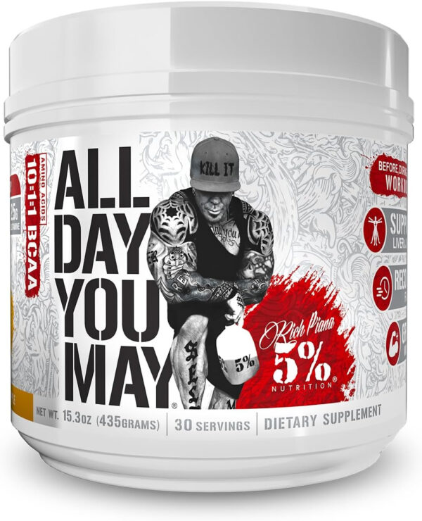 5% Nutrition Rich Piana AllDayYouMay BCAA Powder | Premium Intra & Post Workout Amino Acids, Hydration, Endurance, Muscle Recovery, Joint & Liver Support | 16.3 oz, 30 Servings (Southern Sweet Tea)