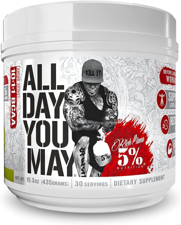 5% Nutrition Rich Piana AllDayYouMay BCAA Powder | Premium Intra & Post Workout Amino Acids, Hydration, Endurance, Muscle Recovery, Joint & Liver Support | 16.3 oz, 30 Servings (Southern Sweet Tea)