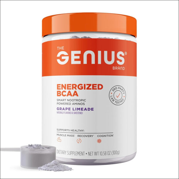 Genius BCAA Powder - 5g Vegan BCAAs L-Glutamine, Cognizin & Rhodiola Muscle Recovery Energy Support 100mg Caffeine Pre, Intra, Post-Workout Nootropic Supplement for Focus & Performance - Grape Limeade