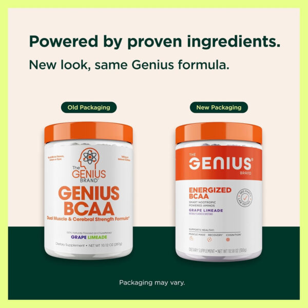 Genius BCAA Powder - 5g Vegan BCAAs L-Glutamine, Cognizin & Rhodiola Muscle Recovery Energy Support 100mg Caffeine Pre, Intra, Post-Workout Nootropic Supplement for Focus & Performance - Grape Limeade