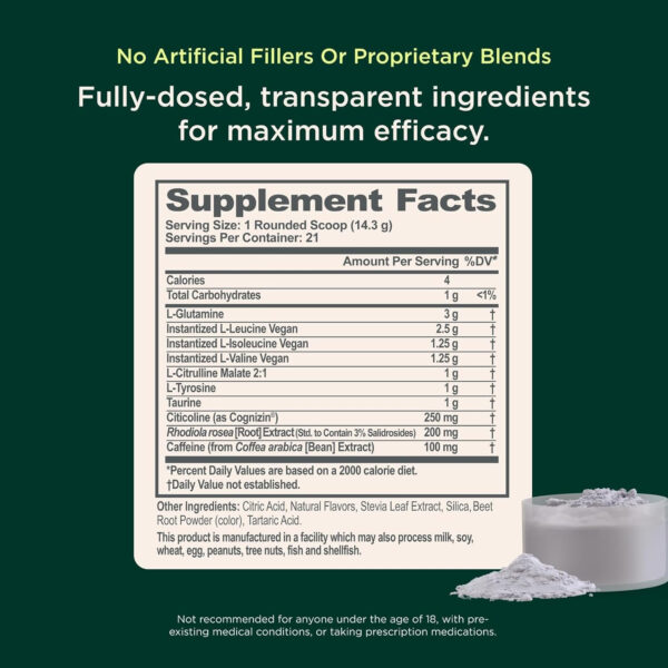 Genius BCAA Powder - 5g Vegan BCAAs L-Glutamine, Cognizin & Rhodiola Muscle Recovery Energy Support 100mg Caffeine Pre, Intra, Post-Workout Nootropic Supplement for Focus & Performance - Grape Limeade